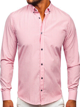 Рожева чоловіча сорочка в клітину з довгим рукавом Bolf 22745