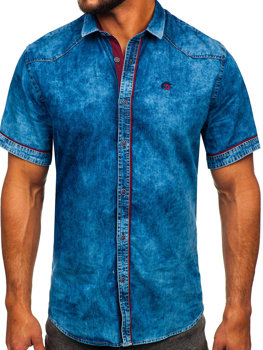 Синя чоловіча джинсова сорочка з коротким рукавом Bolf 19640