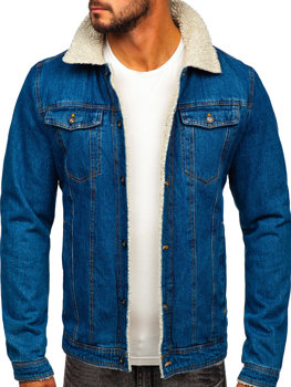 Темно-синя чоловіча джинсова куртка тракер з хутряною підкладкою Bolf 1156
