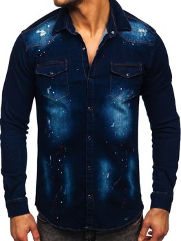 Темно-синя чоловіча джинсова сорочка з довгим рукавом Bolf R703