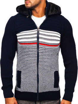 Темно-синій чоловічий светр-куртка грубої в'язки з капюшоном Bolf 2048
