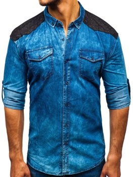 Чоловіча джинсова сорочка з візерунком з довгим рукавом синя Bolf 0517