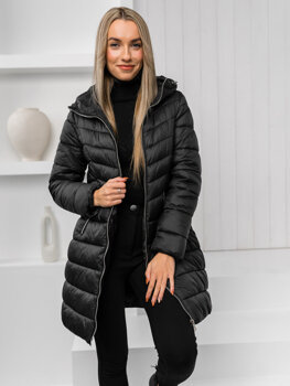 Чорна довга жіноча зимова стьобана куртка-пальто з капюшоном Bolf 11Z8083