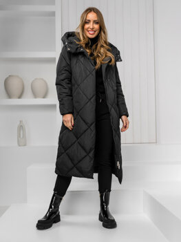 Чорна довга стьобана куртка, жіноче зимове пальто з капюшоном Bolf 5M3173