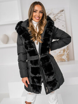 Чорна довга стьобана куртка пальто жіноче зимове з капюшоном Bolf 5M3158