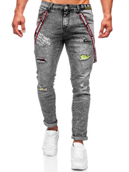 Чорні чоловічі джинсові штани slim fit з підтяжками Bolf KX968-C