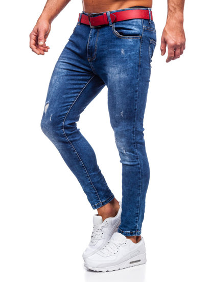 Темно-сині чоловічі джинсові штани slim fit з поясом Bolf TF101