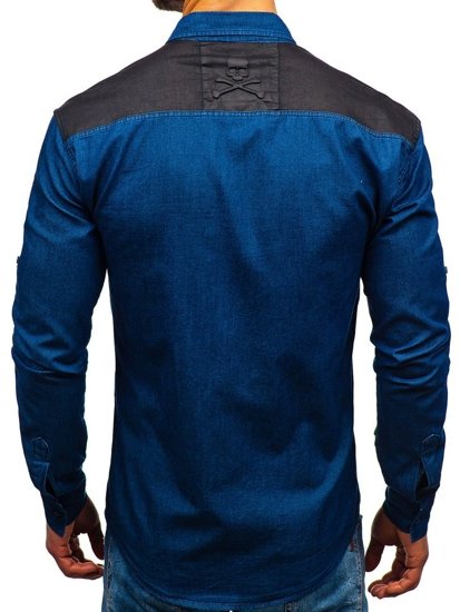 Чоловіча джинсова сорочка з візерунком з довгим рукавом темно-синя Bolf 0517