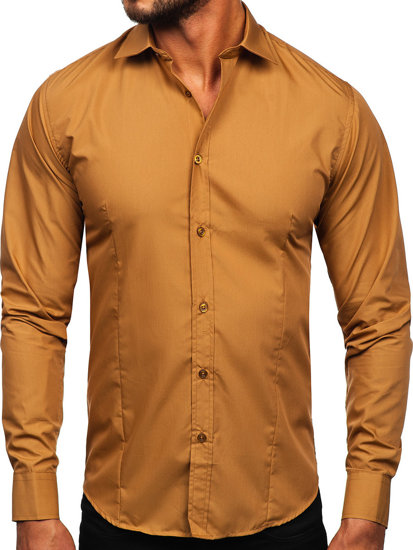 Чоловіча елегантна сорочка з довгим рукавом світло-коричнева Bolf 1703