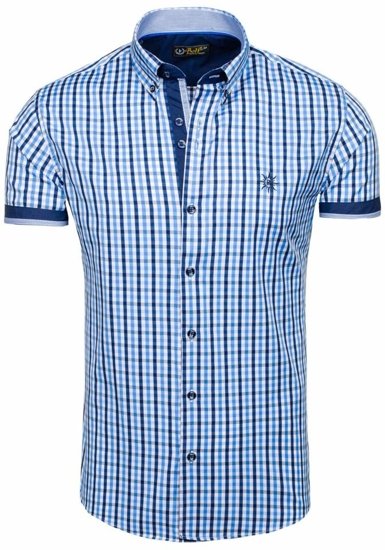 Чоловіча сорочка у клітину, з коротким рукавом блакитна Bolf 4510