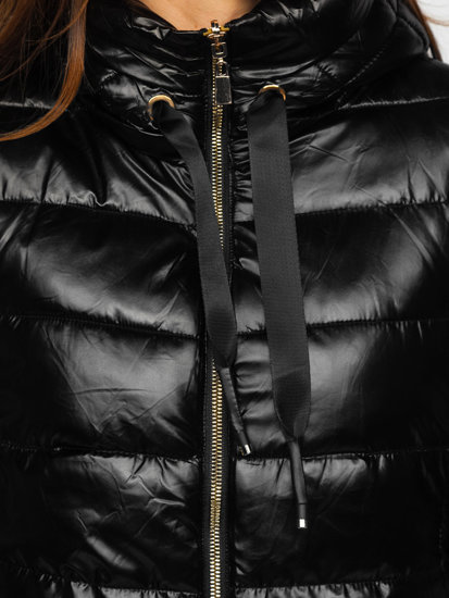 Чорна довга двостороння стьобана жіноча зимова куртка з капюшоном Bolf P6630