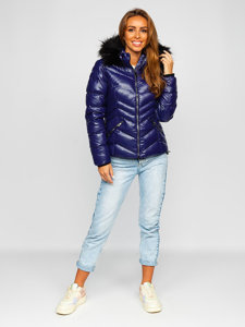 Темно-синя жіноча стьобана зимова куртка з капюшоном Bolf 23068